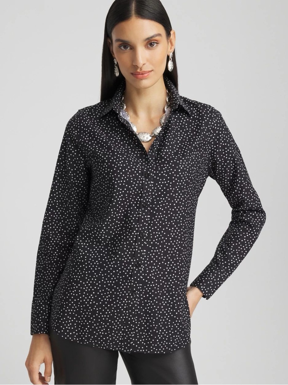 NEW Chico's Black No Iron Polka Dot Shirt Button-Down Shirt Size M/10